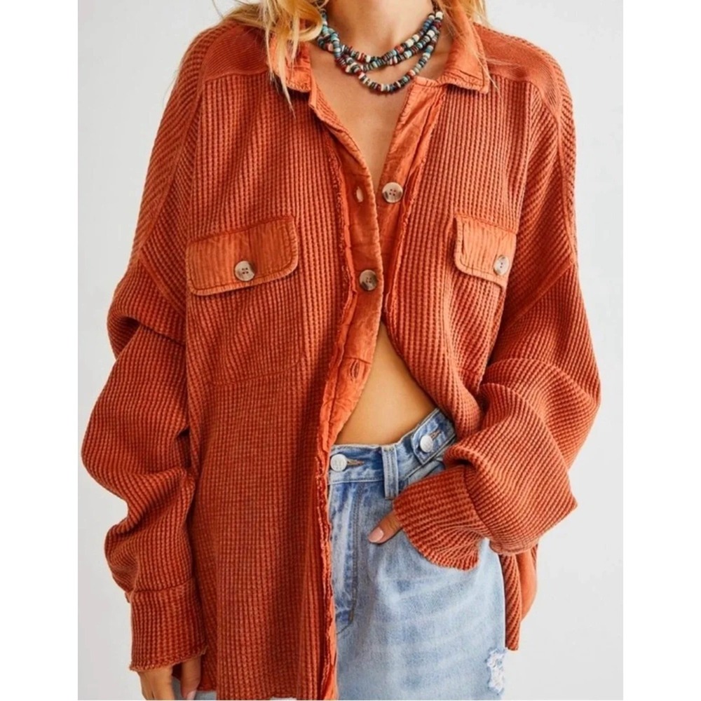 Free People FP One One Scout Shacket Jacket Orange Waffle Knit Oversized Top M